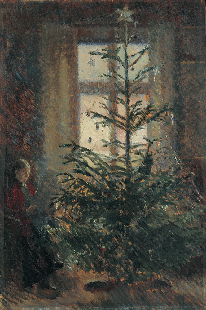 Painting of big Christmas trees with old woman reading the newspaper next to it
