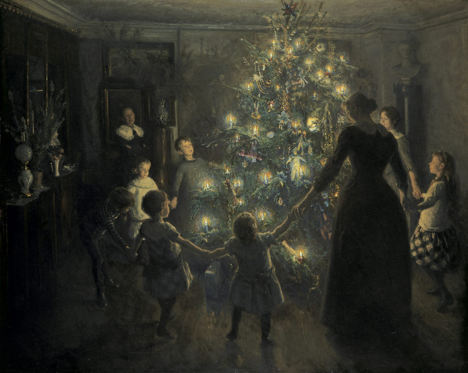 Painting of family dancing around the Christmas tree